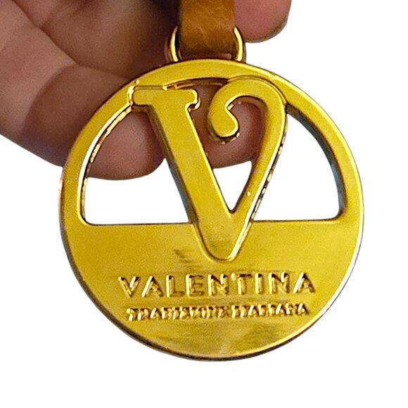 Valentina Brown Leather Gold-Toned Brass Keychain Strap Bag Charm Loop Hangtag - Picture 2 of 3